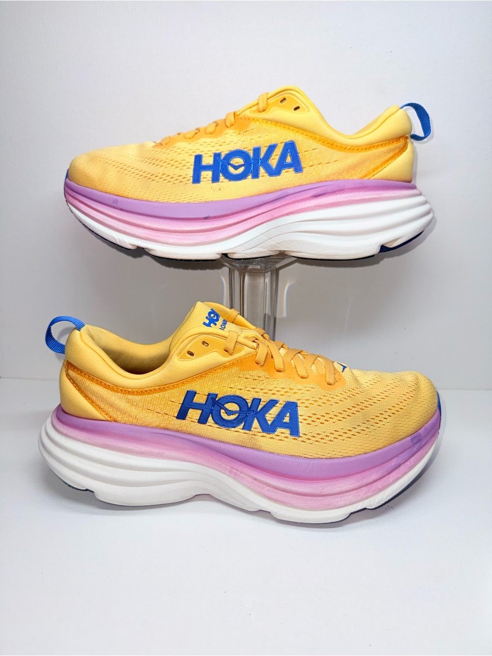 HOKA BONDI 8 Yellow Running Shoes with Pink Gradient Midsole